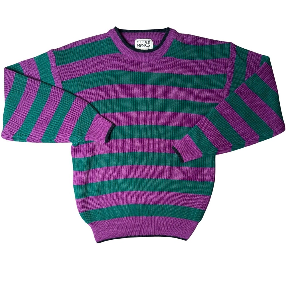 Vtg Trend Basics Womens Knit Sweater Purple Green Striped Large Acrylic Crew 80s